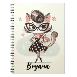 Caderno Espiral Retro Vintage Feminine Kitten Com Óculos De Olho D