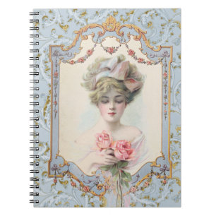 Caderno Espiral Rico francês Vintage Frame Blue Dourado Lady