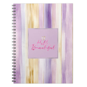 Caderno Espiral Rixas de Creme Dourado Roxo Olá Rosa