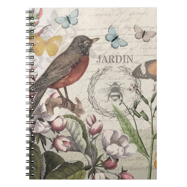 Caderno Espiral Robin Elegant Bird Butterfly Arte Francesa (Frente)