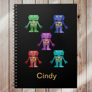 Caderno Espiral Robôs Multicolores Divertidos com Nome da Crianç