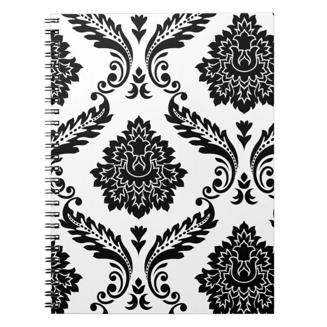 Caderno Espiral Rococo Damask Padrão Deslocado Preto no Branco Gra (Frente)