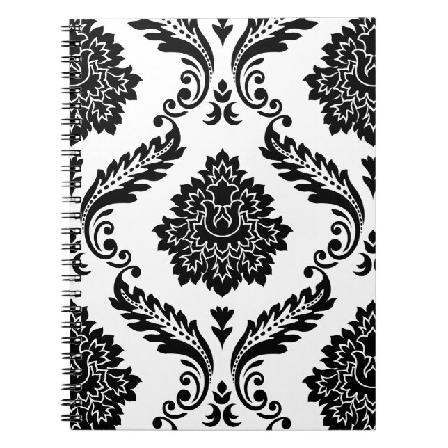Caderno Espiral Rococó Damask Padrão Grande Preto no Branco (Frente)