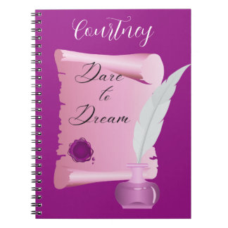 Caderno Espiral Rolo Cor-de-Rosa Bonito & Pena "Ouse Sonhar"