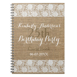 Caderno Espiral Românico Lace Burlap 25 Birthday Guest Book