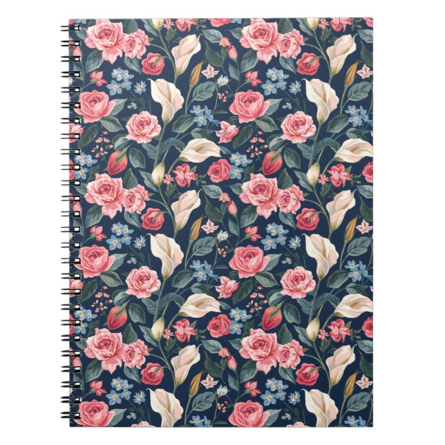 Caderno Espiral Romantic Navy Blue Floral Garden Pattern (Frente)