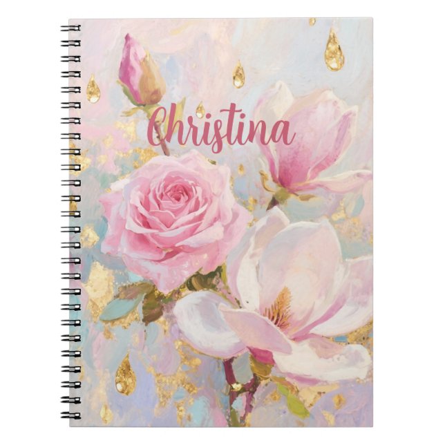 Caderno Espiral Romantic Pink Rose and Manoglias, painting style  (Frente)