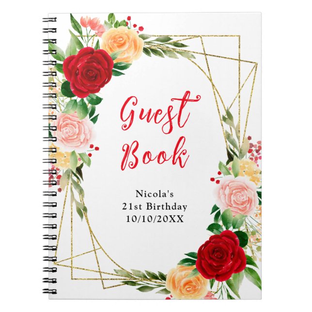Caderno Espiral Romantic Red and Orange Roses Birthday Guest Book (Frente)