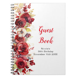 Caderno Espiral Romantic Red Rose Floral Birthday Party Guest Book