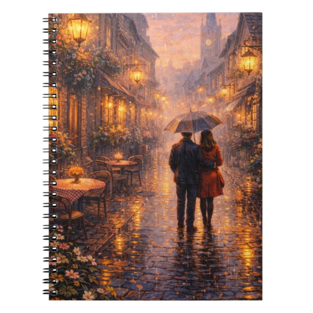 Caderno Espiral Romântico de Paris sob Chuva (Frente)