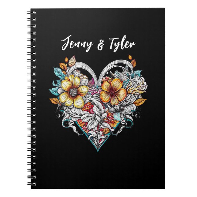 Caderno Espiral Romântico do Coração Floral Personalizado (Frente)