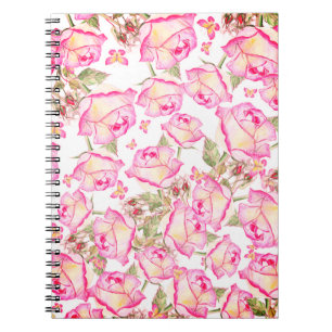 Caderno Espiral Romântico floral rosa branco amarelo de verão