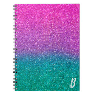 Caderno Espiral Rosa Azul Turquesa e Roxo Brilhante Purpurinado