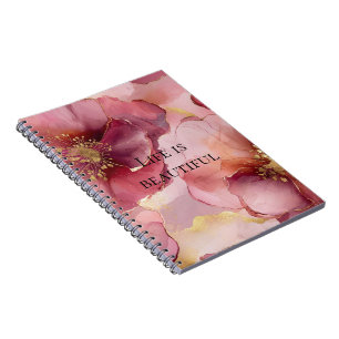 Caderno Espiral Rosa Bege Burgundy Floral Dourado 