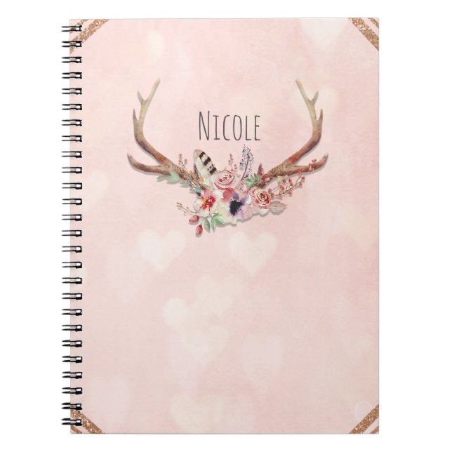Caderno Espiral Rosa Blush Pink Deer Antlers Boho Chic (Frente)
