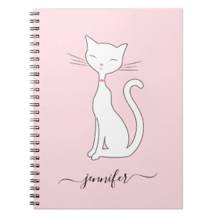 Caderno Espiral Rosa claro de Nome Personalizado de Gato Branco Ci
