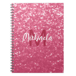 Caderno Espiral Rosa claro monograma de rosa com brilho falso