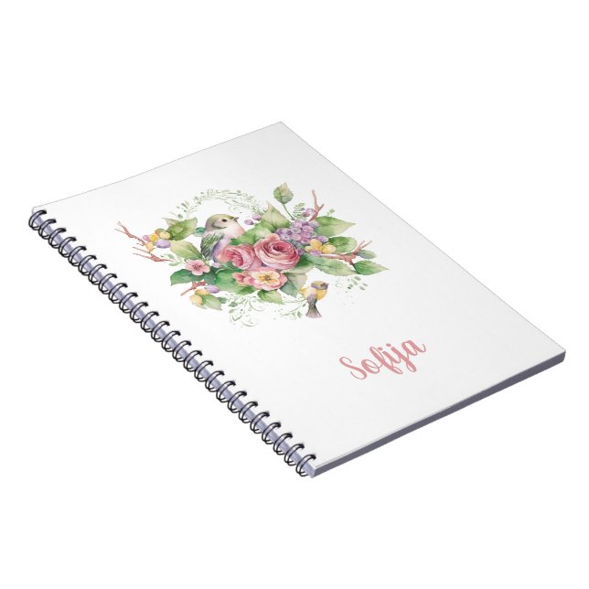 Caderno Espiral Rosa de Aquarela de Aves (Lado Direito)