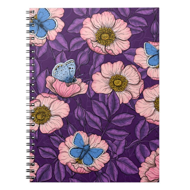Caderno Espiral Rosa de cão e borboletas em rosa e roxo (Frente)