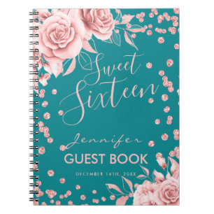 Caderno Espiral Rosa De Guestbook Teal Sweet 16 Glitter Floral