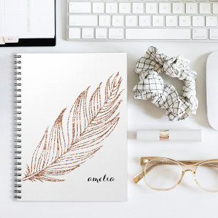 Caderno Espiral Rosa Dourada Faux Glitter Feather Personalizada