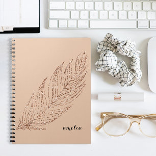 Caderno Espiral Rosa Dourada Faux Glitter Feather Personalizada