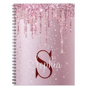 Caderno Espiral Rosa Dourada Monograma com Brilho e Faíscas Goteja