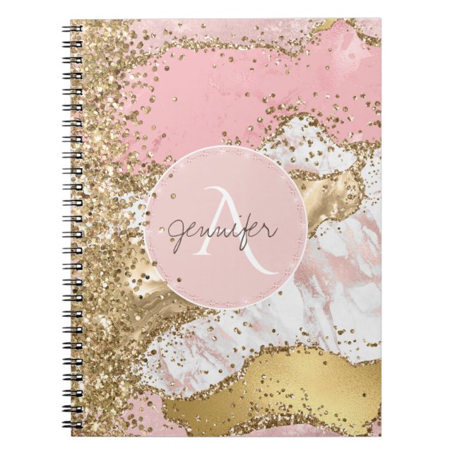 Caderno Espiral Rosa Dourado Agato Lítio Moderno Elegante Monogram (Frente)