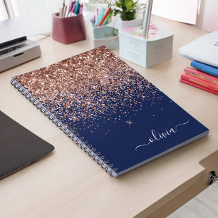 Caderno Espiral Rosa Dourado Azul Marinho Brilho Rosa Monograma
