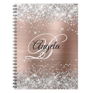 Caderno Espiral Rosa Dourado Brilhante Prata Monograma Chique
