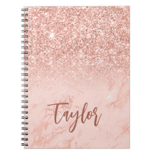 Caderno Espiral Rosa Dourado Brilho Blush Foil Mármore Personaliza