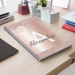 Caderno Espiral Rosa Dourado - Brilho Rosa Bege Glitter Monograma 