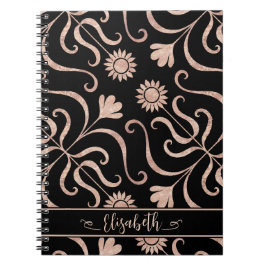 Caderno Espiral Rosa Dourado e preto Damasco para Flores Clássico 