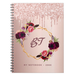 Caderno Espiral Rosa dourado floral monograma monograma