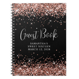 Caderno Espiral Rosa Dourado Glitter Black Sweet 16 Aniversário co