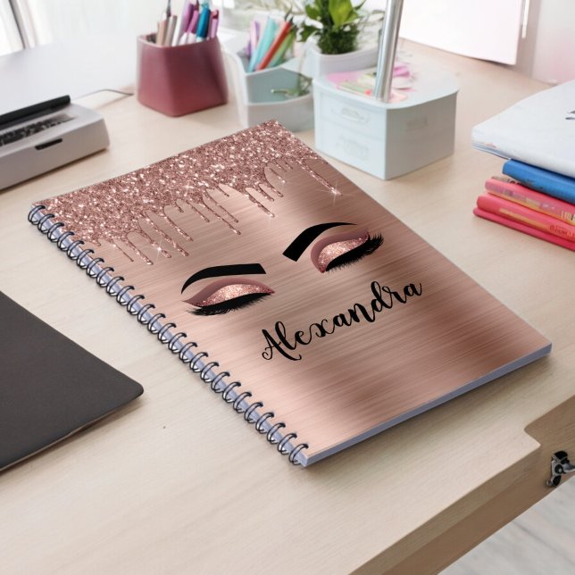 Caderno Espiral Rosa Dourado Glitter Sparkle Eyelashes Monograma (Criador carregado)