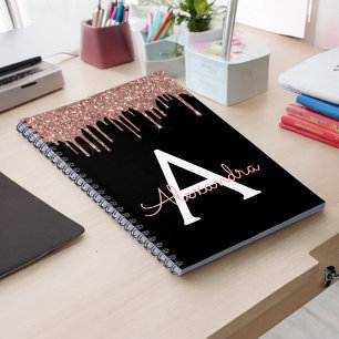 Caderno Espiral Rosa Dourado - Rosa Bege Preto Brilho Monograma No