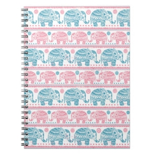 Caderno Espiral Rosa e teste padrão étnico do elefante da cercet