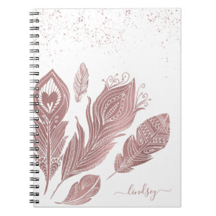 Caderno Espiral Rosa Elegante Falso Brilho Pena Personalizada