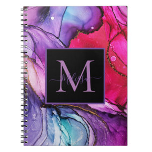 Caderno Espiral Rosa Elegante Moderno, Monograma Roxo Marmoreado