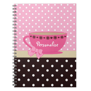 Caderno Espiral Rosa feminino do Teacup e arco e nome das bolinhas