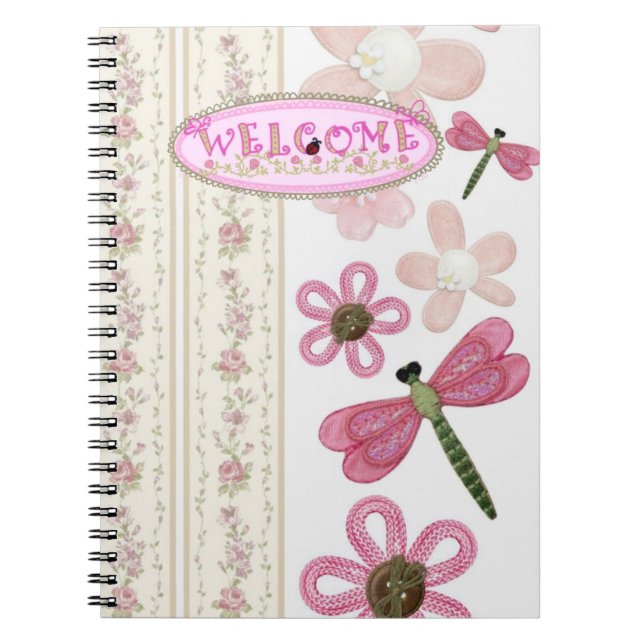Caderno Espiral Rosa Floral e Libélula Fofa (Frente)