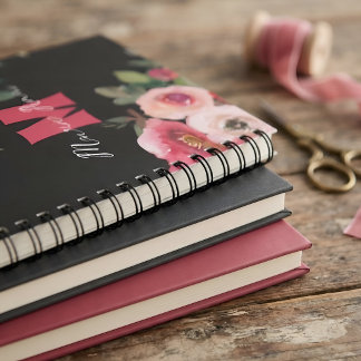 Caderno Espiral Rosa Floral Monograma Personalizado Nome