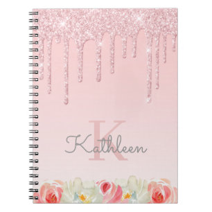 Caderno Espiral Rosa Floral Unidades De Brilho Dourado Monograma