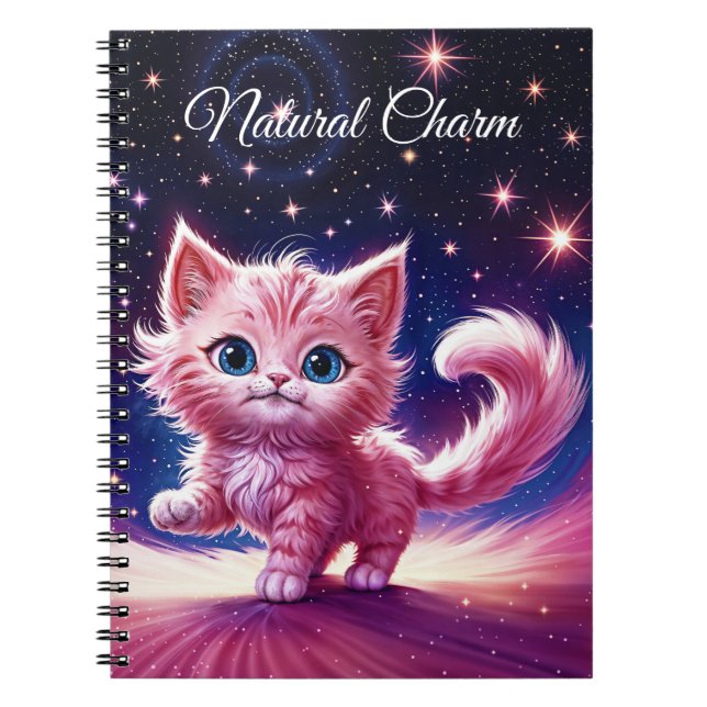 Caderno Espiral Rosa fluffique gato bonito, estilo azul-azul surre (Frente)