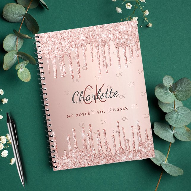 Caderno Espiral Rosa gold glitp drip monograma nome script (Criador carregado)