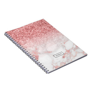 Caderno Espiral Rosa-gold glitter e marble ombre