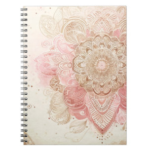 Caderno Espiral Rosa Marrom Creme Mandala Boêmio Moda Boho