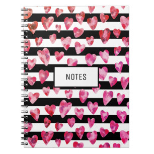 Caderno Espiral Rosa Moderno Preto Listrado Coração Personalizado