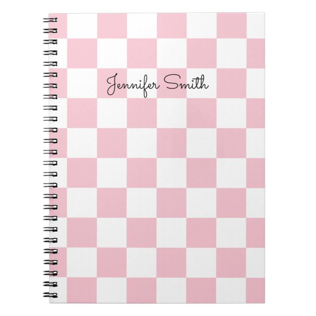 Caderno Espiral Rosa Pastel Moderno e Xadrez Branco (Frente)